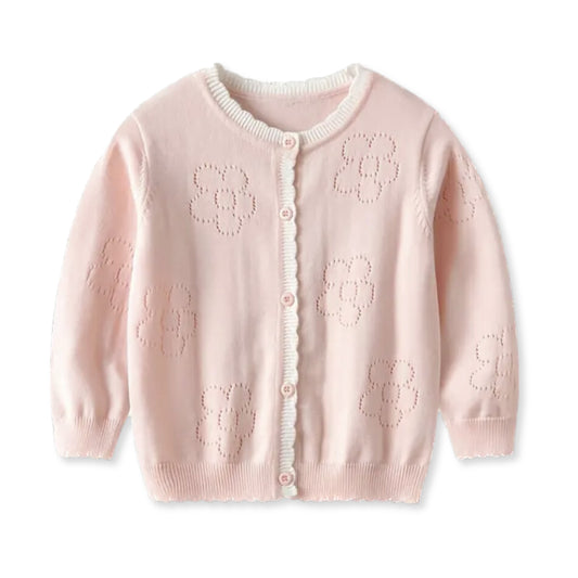 Spring Daisy Pointelle Cardigan for baby, toddler, and girls. blush pink easter sweater. Easter outfits.